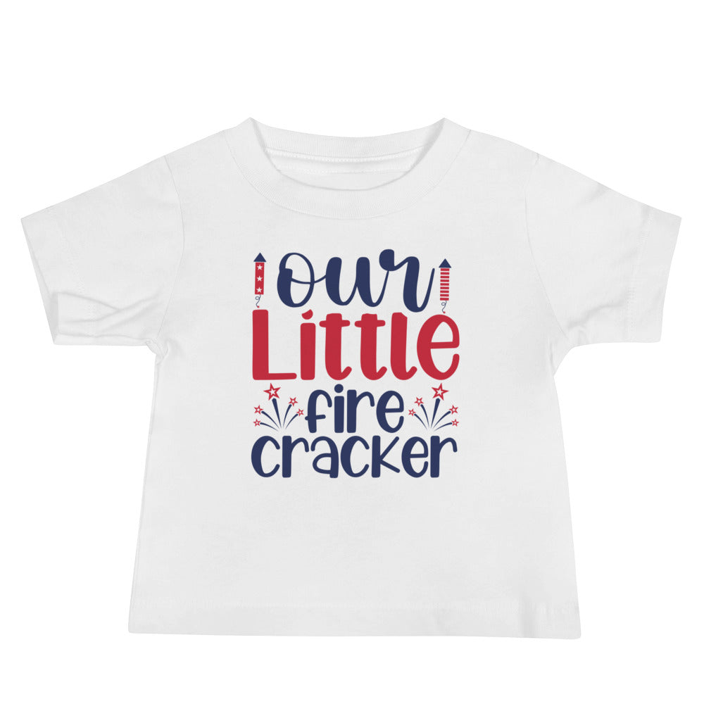 Our little firecracker Baby Jersey Short Sleeve T-Shirt, Patriotic 4th of July Tee Shirt for Independence Day, USA Shirt, Red White and Blue Shirt