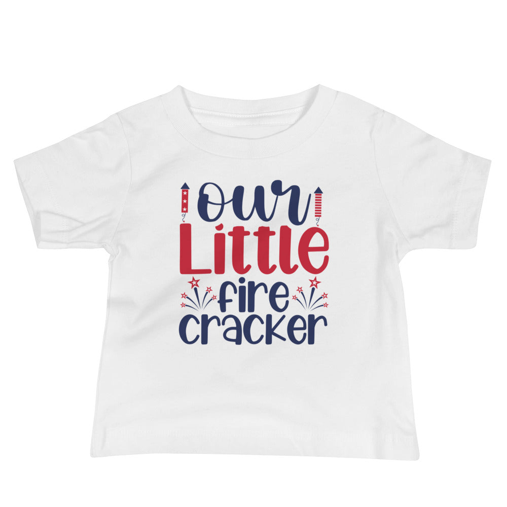 Our little firecracker Baby Jersey Short Sleeve T-Shirt, Patriotic 4th of July Tee Shirt for Independence Day, USA Shirt, Red White and Blue Shirt