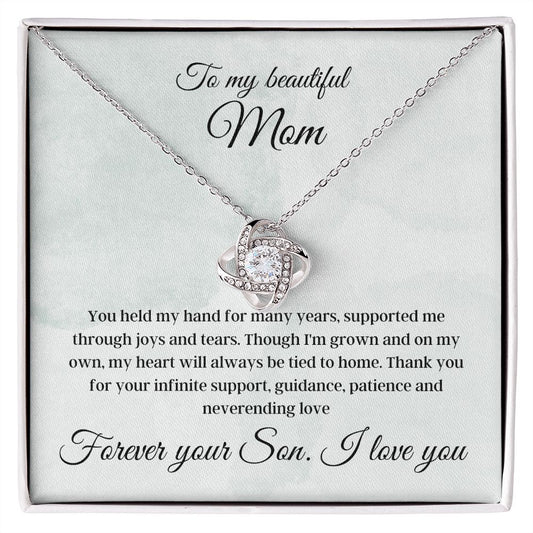 To my Beautiful Mom - Forever your Son, I love you - Love Knot Necklace (Teal Watercolor)