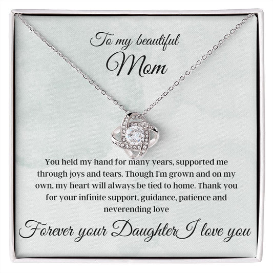 To my Beautiful Mom - Forever your Daughter, I love you - Love Knot Necklace (Teal Watercolor)